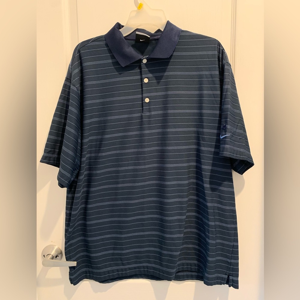 Nike Golf Dri-Fit Polo Mens Large Navy Blue Stripe Dressy 1/4 Buttons Casual